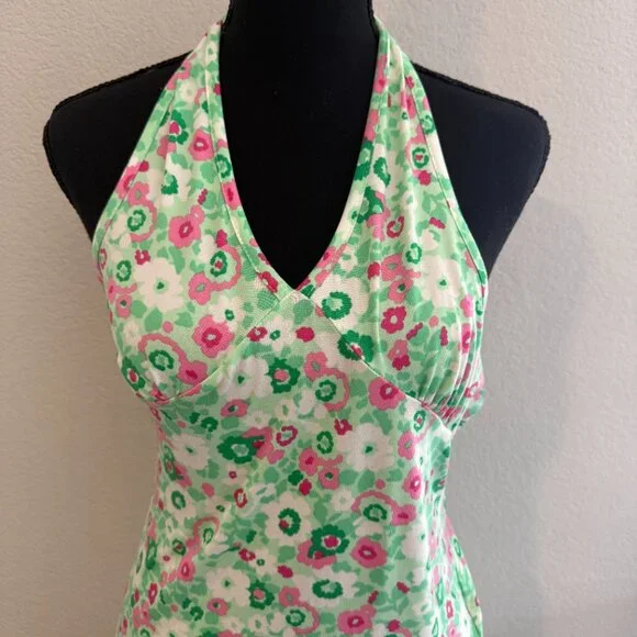 Womens Y2K Floral Fairy Halter Mini Babydoll Dress Green Coquette Preppy M - Picture 2 of 6